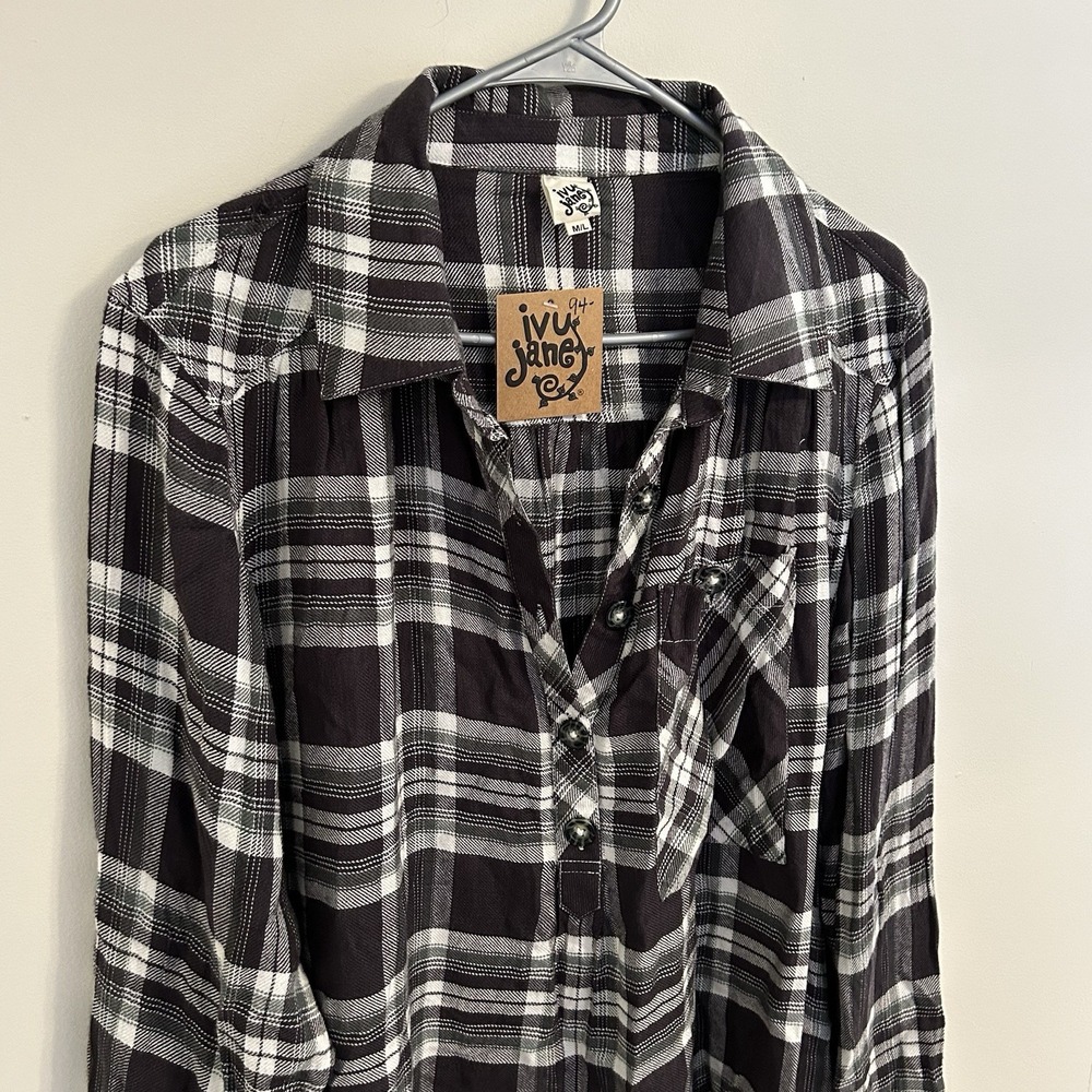 Ivy Jane Women's Plaid Popover Blouse Partial Button Boho Flannel Shirt Size M/L - Picture 5 of 8
